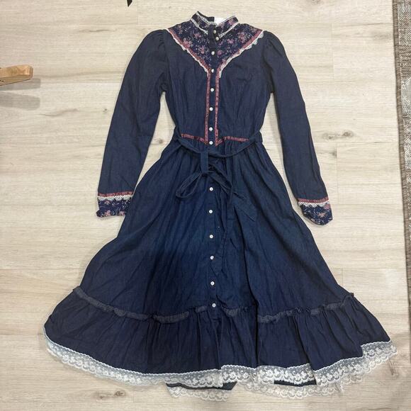 Gunne Sax Vintage 1970's Denim Prairie Dress Cottagecore Victorian Size XXS / XS - Picture 6 of 6